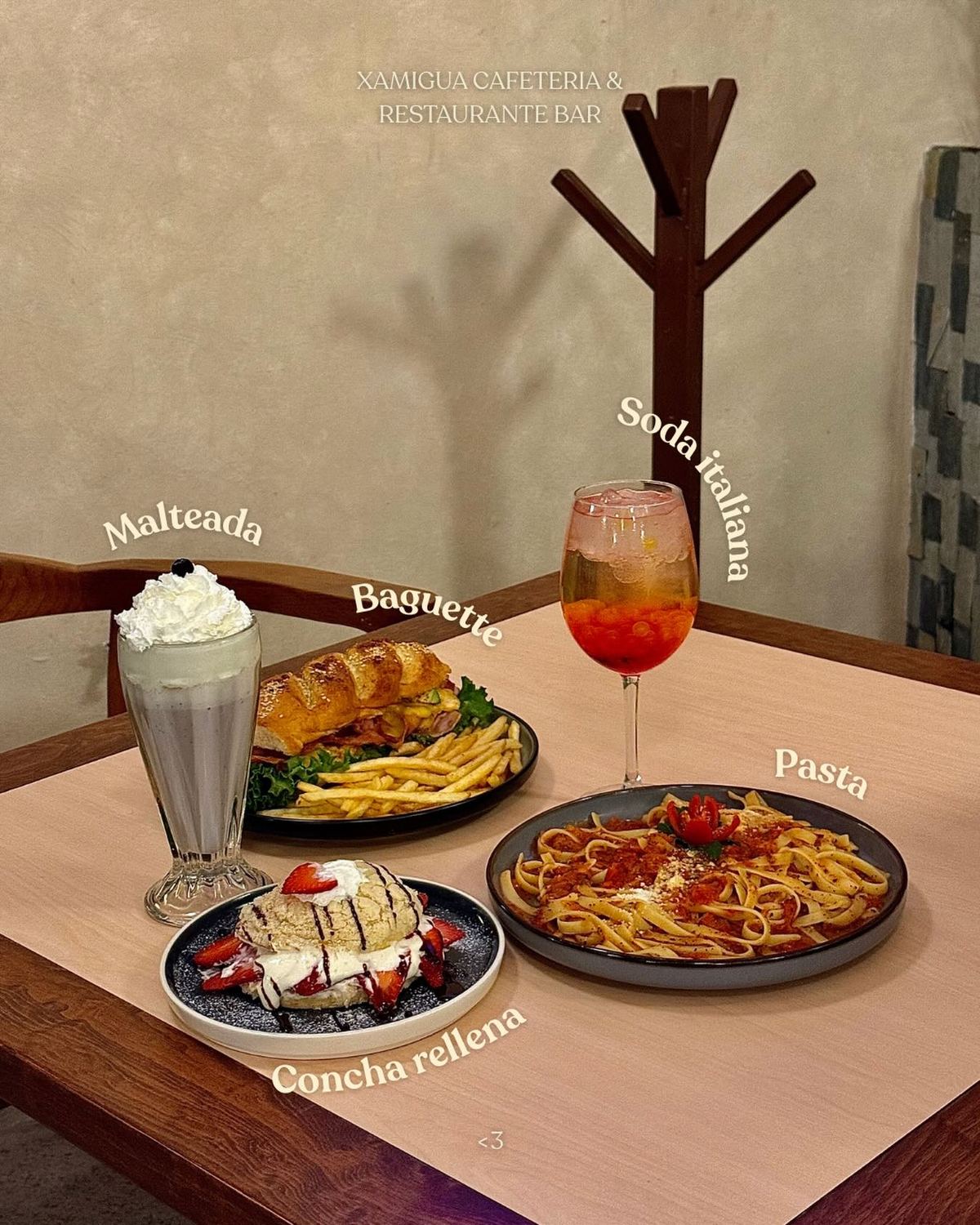Malteada, baguette, soda italiana y pasta de Xamigua