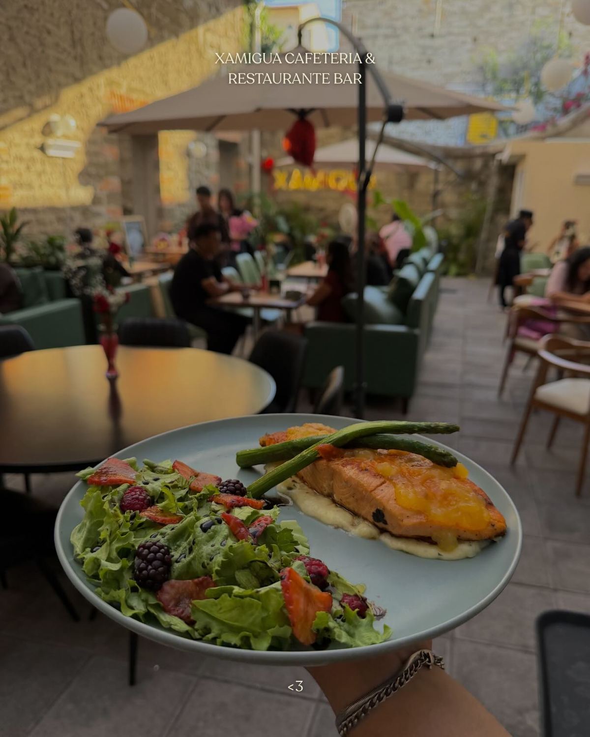 Salmón con ensalada servido en la terraza de Xamigua